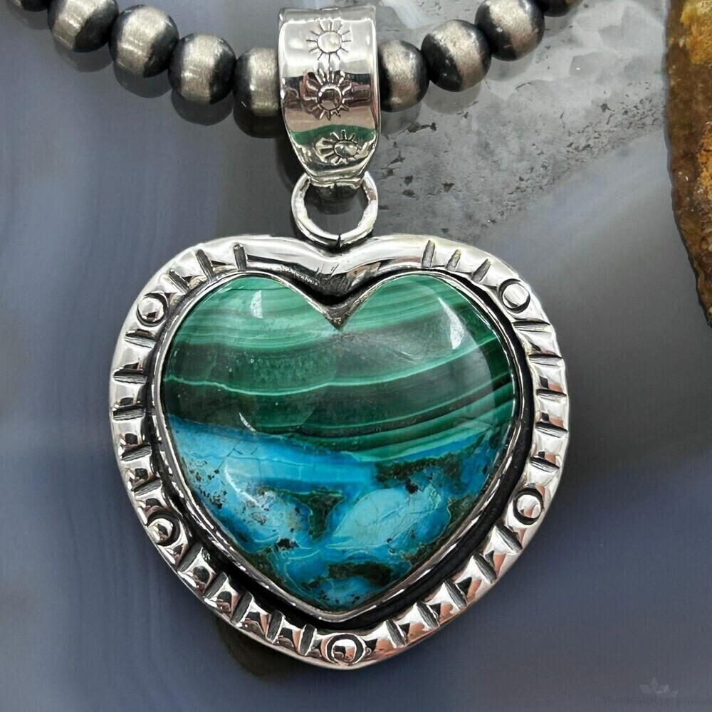 Sterling Silver Southwestern Style Azurite Malachite Heart Pendant For Women